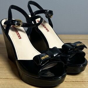 Prada Black Patent Leather Bow Accent Gold Hardware Platform Wedge Sandals